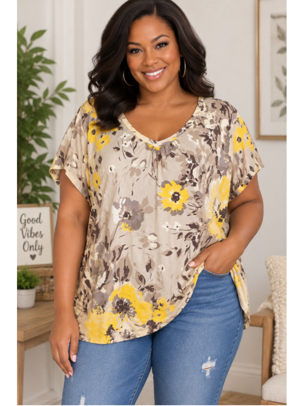 St. John's Bay Floral V-Neck Tee, Beige & Yellow Women’s Plus Size 2X